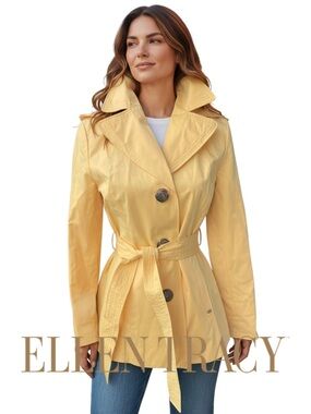 Ellen Tracy Buttercup Yellow Hip Length Belted Removable Hood Trench Coat (XS)